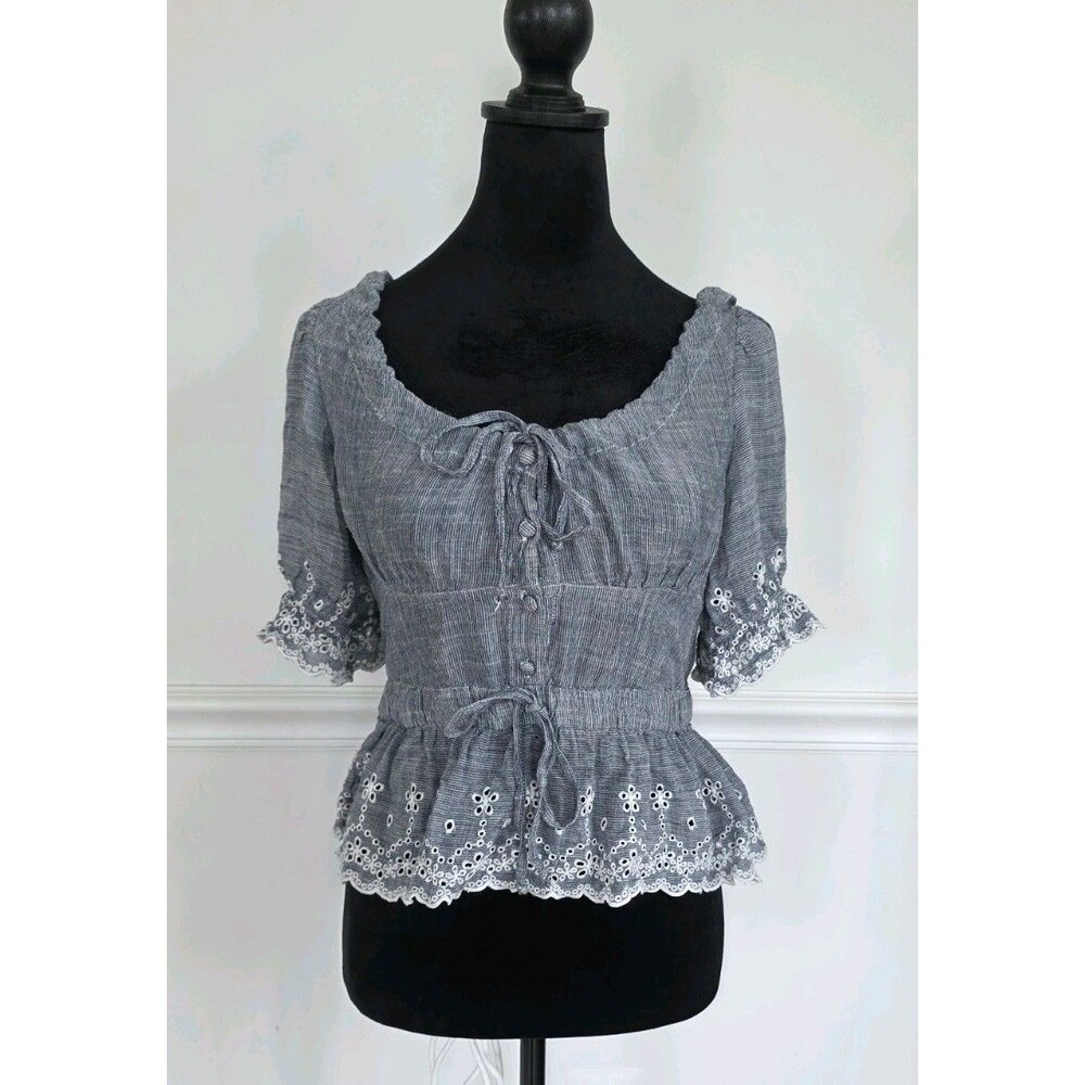 NFC Women's Cottagecore Peplum Blouse Gray White Lace Open Back Cotton Top S